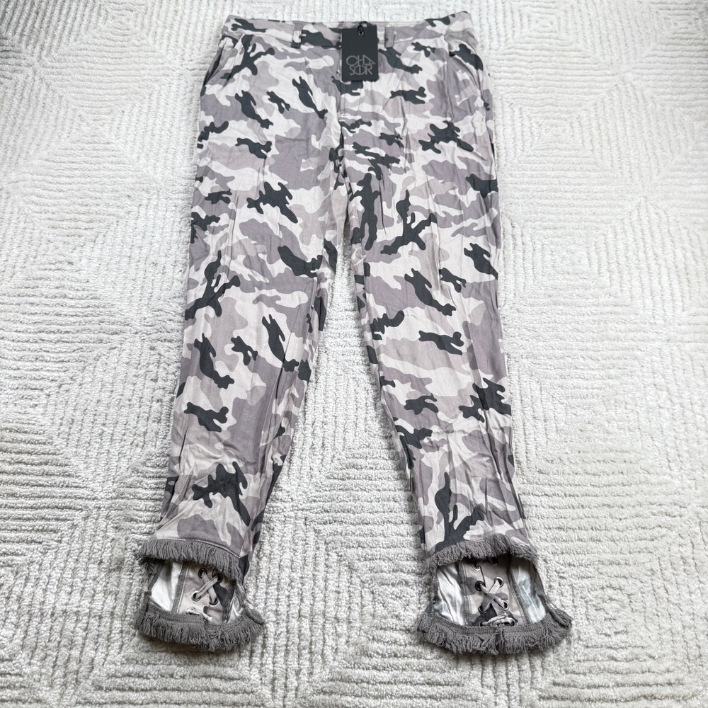 Chaser Camo Lace Up Fringe Pants Women's Size Medium Grey  Camouflage Utility